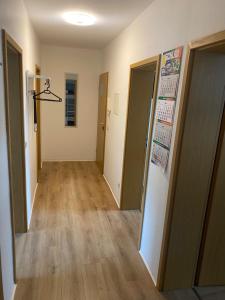 un pasillo de una oficina con dos puertas y suelo de madera en FeWo Wieko Plauen Leibnizstr. H1, 2.OG rechts, en Plauen