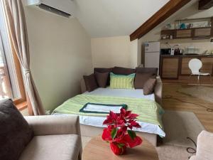 a bedroom with a bed and a couch at Cozy Mountain Apartment in Borovets