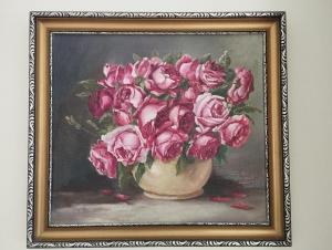 a painting of a vase of pink flowers at Private room and bathroom close to Piazzale Roma in Venice Mestre in Mestre