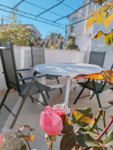 a table and chairs on a patio with a pink rose at Marko apartment in Rovinj