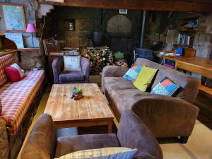 Una sala de estar con sofás y una mesa de café. en Magnifique gite 14 personnes en bord de lac, en Devesset