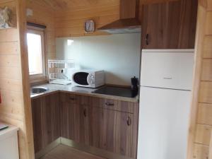 uma pequena cozinha com um frigorífico branco e um lavatório em El Naval de la Parra I em Sejas de Sanabria