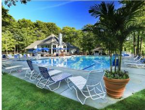 una piscina con sillas azules y una palmera en 5123 Summit View Court, en Somerset