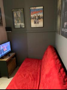 een slaapkamer met een rood bed en een flatscreen-tv bij STUDIO LE HAVRE PLAGE in Le Havre
