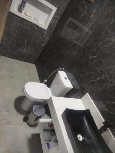 ein Badezimmer mit einem weißen WC und einem Waschbecken in der Unterkunft Chalé Canastra Zoo in Capitólio