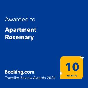Сертификат, награда, табела или друг документ на показ в Apartment Rosemary