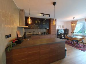 une cuisine avec un comptoir et une salle à manger dans l'établissement Apartman guru 1, à Szeged