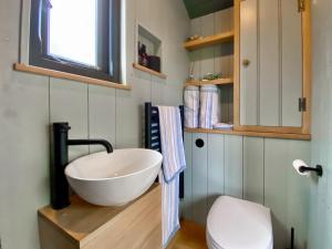a bathroom with a white bowl sink and a toilet at Litet Hem in North Tidworth
