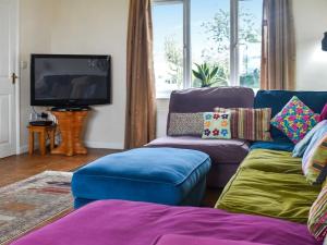 uma sala de estar com um sofá azul e uma televisão em The Stables em Ely