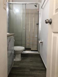 ein Bad mit einer Dusche und einem WC in der Unterkunft APARTAMENTO 3 habitaciones y piscina a solo 15 minutos del aeropuerto in Panama-Stadt