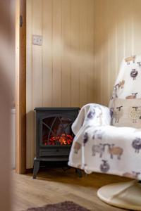 a fireplace in a room with a bed and a stove at Shepherds Hut, West Ayton, Scarborough in Scarborough