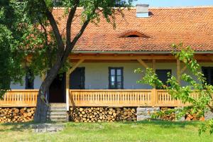a house with a wooden deck and a tree at Dobrica Hunting Lodge in Bixad