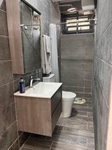 La salle de bains est pourvue d'un lavabo et de toilettes. dans l'établissement NBA PLUSH APARTMENT - NSROMA, à Accra