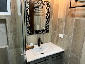 a bathroom with a sink and a mirror at Subtropica Premium Suites - Mindo in Mindo