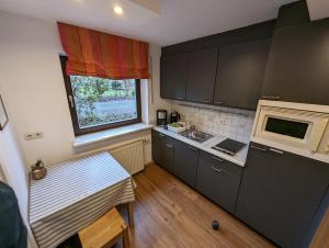 Kuchyň nebo kuchyňský kout v ubytování Appartment in der Auszeitoase Freystadt - 2 Zimmer, Billard, Sauna, Terrasse, Garten, Ladestation, nahe an Messe Nürnberg