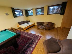 a living room with a pool table and a couch at Appartment in der Auszeitoase Freystadt - 2 Zimmer, Billard, Sauna, Terrasse, Garten, Ladestation, nahe an Messe Nürnberg in Freystadt