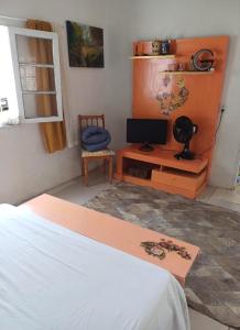 1 dormitorio con 1 cama, TV y silla en Casa do Mato I en São Lourenço do Sul