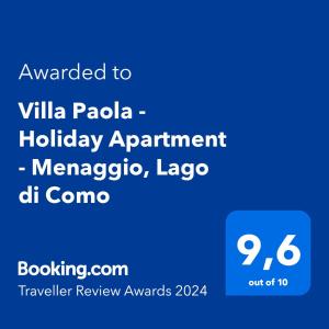 a screenshot of a phone with the text awarded to villa papa holiday apartment at Villa Paola - Holiday Apartment - Menaggio, Lago di Como in Menaggio