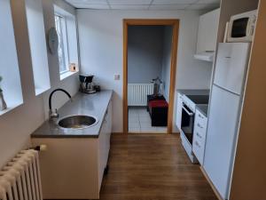 uma pequena cozinha com um lavatório e um frigorífico em K15 Apartment em Vestmannaeyjar