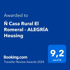 Palkinto, sertifikaatti, kyltti tai muu asiakirja, joka on esillä majoituspaikassa "Ñ" Casa Rural El Romeral - ALEGRÍA Housing