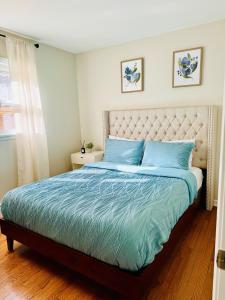 a bedroom with a large bed with blue pillows at Charming and Convenient 3br 1ba apt - fully furnished and equipped - fast Internet in Forest Park