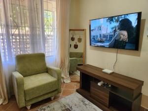 a living room with a chair and a flat screen tv at Cosy Living near Bofa Beach in Kilifi