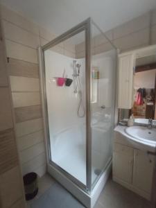 een badkamer met een douche en een wastafel bij Pele vendégház in Velem