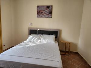 a bedroom with a white bed with a picture on the wall at Cosy Living near Bofa Beach in Kilifi