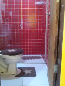 a bathroom with a red tiled shower with a toilet at Casa São Miguel dos Milagres in São Miguel dos Milagres