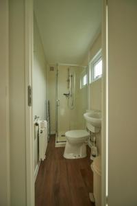 een badkamer met een toilet, een douche en een wastafel bij Chalet de Elina in Voorthuizen