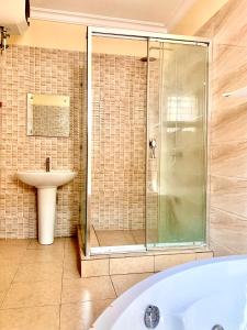 ラゴスにあるVintage Classic Suitesのバスルーム(シャワー、バスタブ、シンク付)