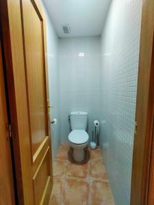 a bathroom with a toilet in a small room at Casa ELENA i MARTA , Valdelinares in Valdelinares