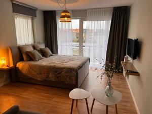 - une chambre avec un lit et une grande fenêtre dans l'établissement Studio MANI, à Ostende