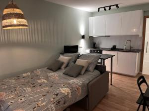 Cet appartement comprend une chambre avec un lit, une table et une cuisine. dans l'établissement Studio MANI, à Ostende