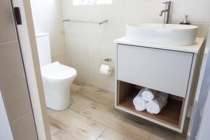 La salle de bains est pourvue d'un lavabo et de toilettes. dans l'établissement Atlantis Luxury Suites 3/4, à Swakopmund