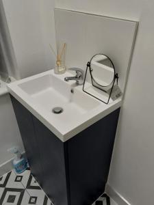 a bathroom with a sink with a mirror on it at Guest Apartments in Redditch