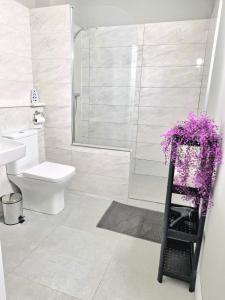 a bathroom with a toilet and a shower with purple flowers at Apt close to Temple Bar in Dublin