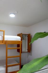 ein Schlafzimmer mit einem Etagenbett mit einer Leiter und einem Spiegel in der Unterkunft Estudio en casa Fatima para 2 personas in Guadalajara