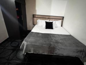 um quarto com uma cama grande e uma almofada preta em Aparta Suite Torre De Prado 401 em Medellín
