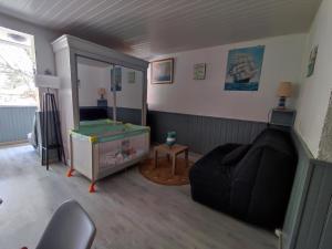 uma sala de estar com um sofá preto e um espelho em Studio Argelès-sur-Mer, 1 pièce, 4 personnes - FR-1-776-69 em Argelès-sur-Mer