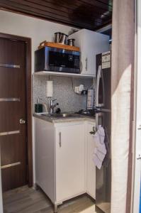 uma pequena cozinha com um lavatório e um micro-ondas em Jacuzzi Privado en santiago de los Caballeros em Santiago de los Caballeros
