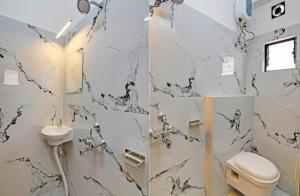 two pictures of a bathroom with a marble wall at Hotel Divine Chariot in kolkata