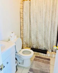 uma casa de banho com um WC e uma cortina de chuveiro em Wonderful LA studio apartment em Los Angeles