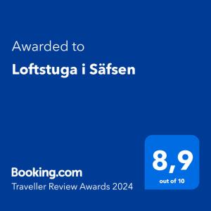 Certifikát, hodnocení, plakát nebo jiný dokument vystavený v ubytování Loftstuga i Säfsen