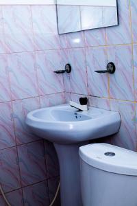 een badkamer met een witte wastafel en een toilet bij Sanasuma Hotel in Hambantota
