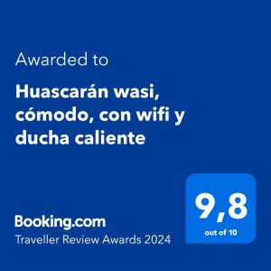 Captura de pantalla de un teléfono móvil con el texto actualizado a waso houstoniano en Huascarán wasi, cómodo, con wifi y ducha caliente, en Huaraz