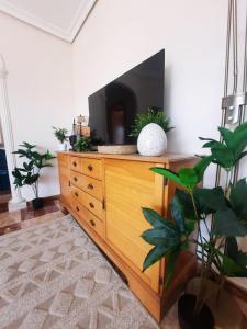 a tv on a dresser in a living room with plants at Gandia Mallorca 27 in Gandía