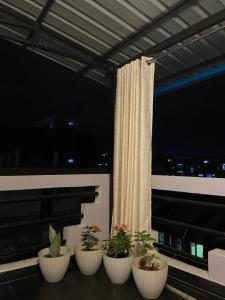 four potted plants on a balcony with a window at Sunset Homes Imphal in Imphal
