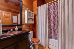 ein Badezimmer mit Toilette, Waschbecken und Dusche in der Unterkunft Family FUN-Relax-Mtn View-Game Rm-HotTub in Blue Ridge + 36 Fotos