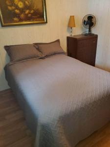 1 dormitorio con 1 cama y vestidor con lámpara en The Cove en Little Current